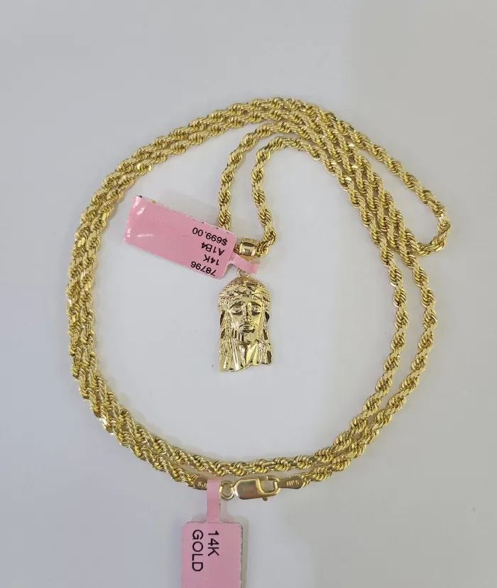 Gold and Diamond Necklaces Real 14k Rope Chain Jesus Head Charm Set Yellow Gold 3mm 1830 Necklace Pendant