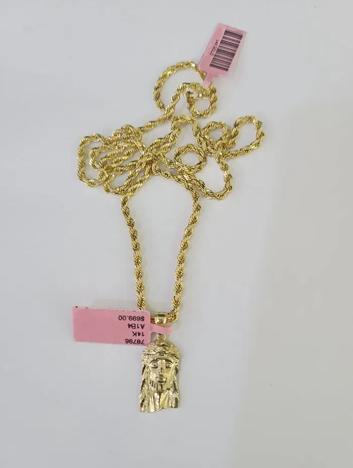 Gold and Diamond Necklaces Real 14k Rope Chain Jesus Head Charm Set Yellow Gold 3mm 1830 Necklace Pendant