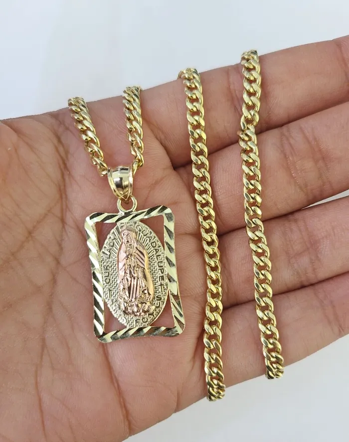 Necklaces Globalwatches10 10k Miami Cuban Chain Virgin Mary Charm Set 4mm 1828 Necklace Yellow Gold