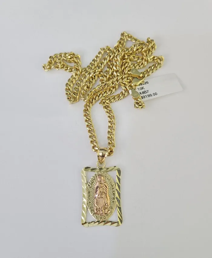 Necklaces Globalwatches10 10k Miami Cuban Chain Virgin Mary Charm Set 4mm 1828 Necklace Yellow Gold