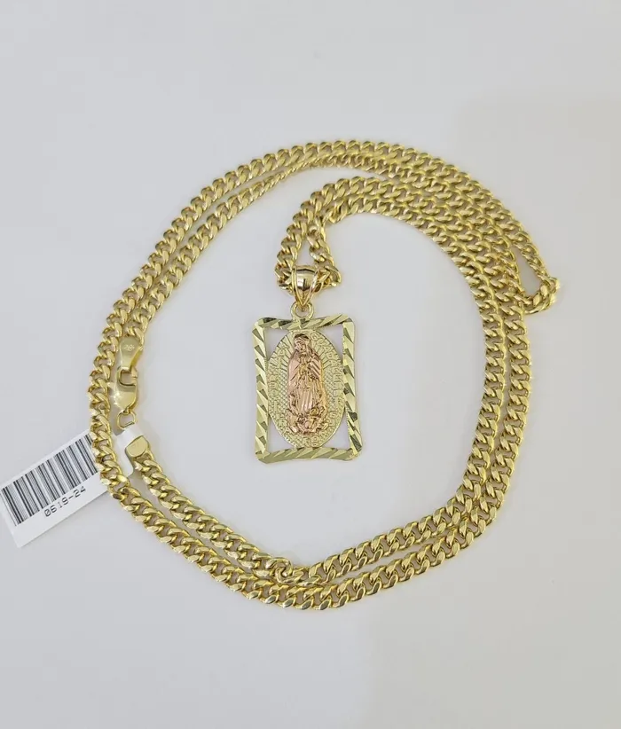 Necklaces Globalwatches10 10k Miami Cuban Chain Virgin Mary Charm Set 4mm 1828 Necklace Yellow Gold