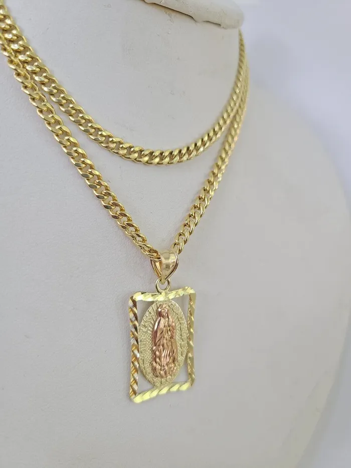 Necklaces Globalwatches10 10k Miami Cuban Chain Virgin Mary Charm Set 4mm 1828 Necklace Yellow Gold