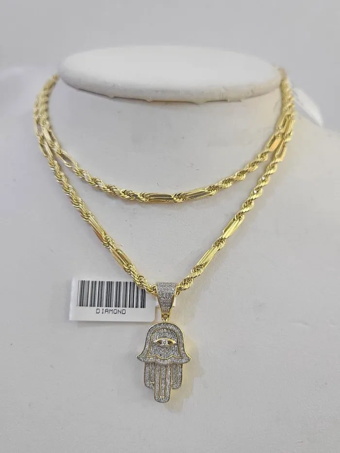 Necklaces Globalwatches10 Real 10k Milano Rope Chain Diamond Hamsa Charm Necklace SET 3mm 18 20 22 24 Necklaces Globalwatches10 Real 10k Milano Rope Chain Diamond Hamsa Charm Necklace SET 3mm 18 20 22 24