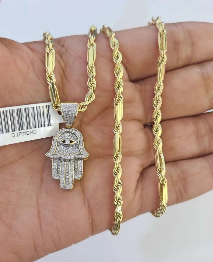 Necklaces Globalwatches10 Real 10k Milano Rope Chain Diamond Hamsa Charm Necklace SET 3mm 18 20 22 24