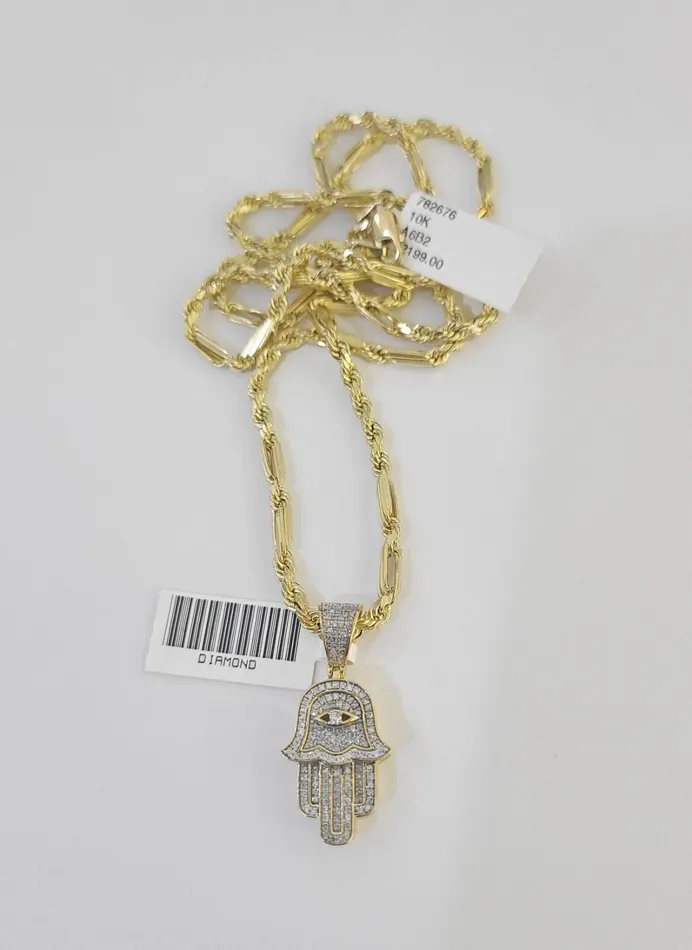 Necklaces Globalwatches10 Real 10k Milano Rope Chain Diamond Hamsa Charm Necklace SET 3mm 18 20 22 24
