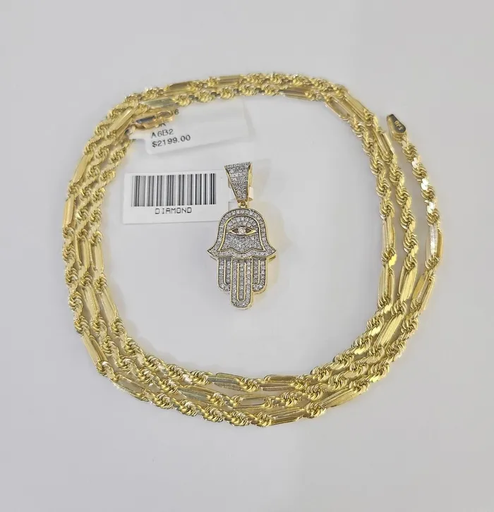 Necklaces Globalwatches10 Real 10k Milano Rope Chain Diamond Hamsa Charm Necklace SET 3mm 18 20 22 24