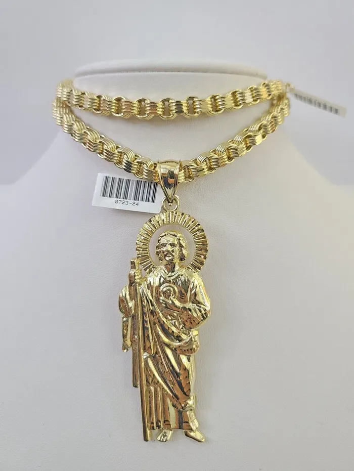 Necklaces Gold and Diamond 10k Gold Byzantine Necklace San Judas Charm 2030 inches 6mm SET Chain Pendant