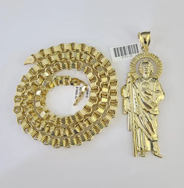Necklaces Gold and Diamond 10k Gold Byzantine Necklace San Judas Charm 2030 inches 6mm SET Chain Pendant