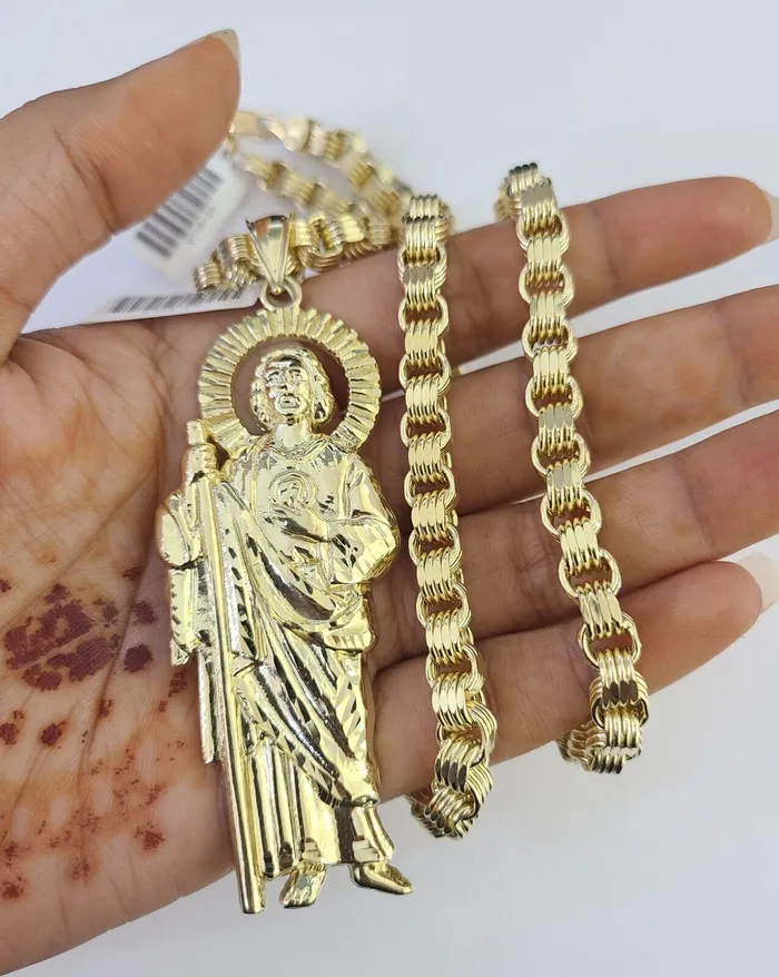 Necklaces Gold and Diamond 10k Gold Byzantine Necklace San Judas Charm 2030 inches 6mm SET Chain Pendant