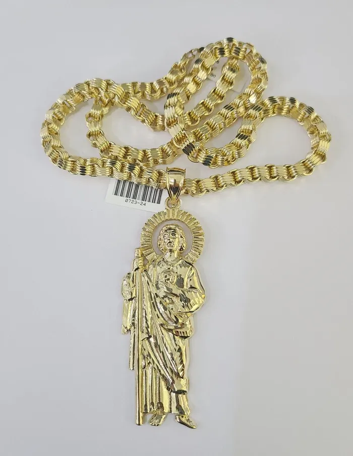 Necklaces Gold and Diamond 10k Gold Byzantine Necklace San Judas Charm 2030 inches 6mm SET Chain Pendant