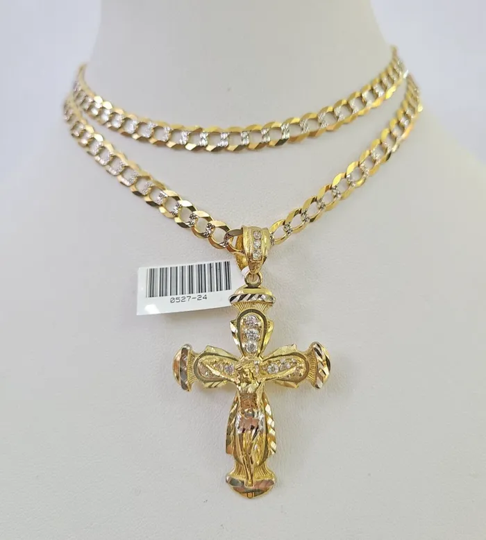 Necklaces Gold and Diamond 10k Solid Gold Cuban Curb Chain Jesus Cross Pendant 6mm 2030 SET Necklace Necklaces Gold and Diamond 10k Solid Gold Cuban Curb Chain Jesus Cross Pendant 6mm 2030 SET Necklace