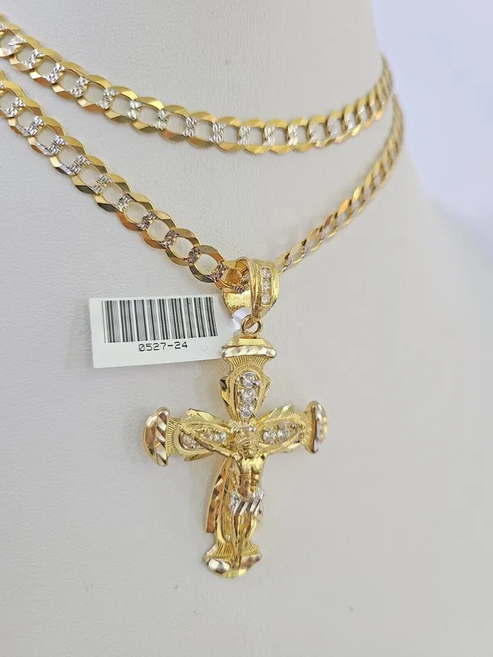 Necklaces Gold and Diamond 10k Solid Gold Cuban Curb Chain Jesus Cross Pendant 6mm 2030 SET Necklace