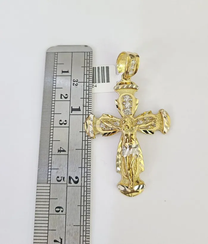 Necklaces Gold and Diamond 10k Solid Gold Cuban Curb Chain Jesus Cross Pendant 6mm 2030 SET Necklace