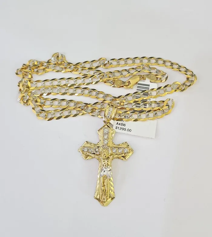 Necklaces Gold and Diamond 10k Solid Gold Cuban Curb Chain Jesus Cross Pendant 6mm 2030 SET Necklace