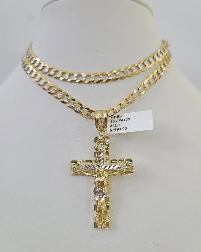 Necklaces Gold and Diamond 10k Solid Gold Cuban Curb Chain Jesus Cross Pendant 6mm 2030 SET Necklace