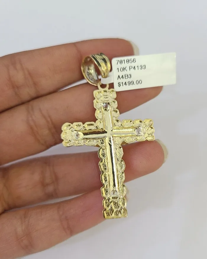Necklaces Gold and Diamond 10k Solid Gold Cuban Curb Chain Jesus Cross Pendant 6mm 2030 SET Necklace