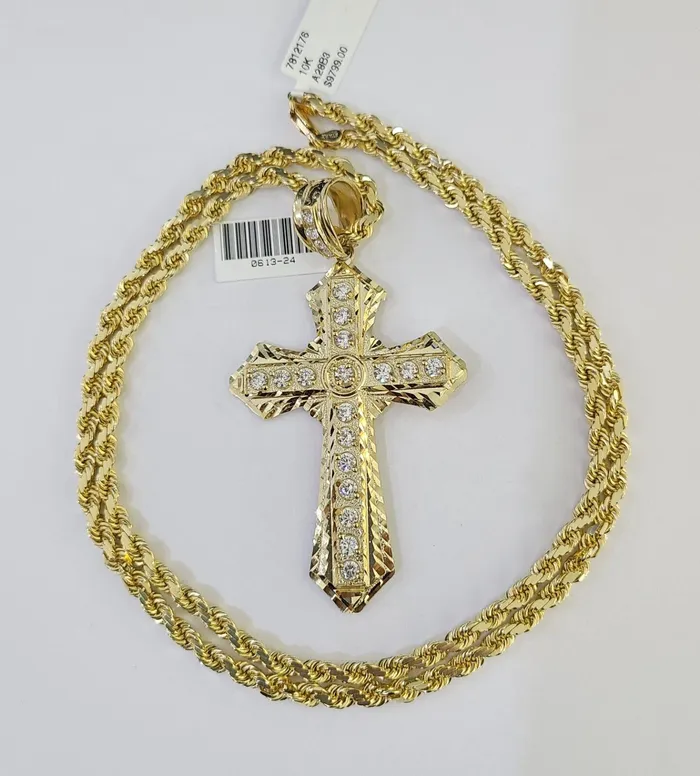 Necklaces Gold and Diamond 10k Solid Rope Chain Jesus Cross Charm Set 4mm 1828 Necklace Yellow Gold Necklaces Gold and Diamond 10k Solid Rope Chain Jesus Cross Charm Set 4mm 1828 Necklace Yellow Gold