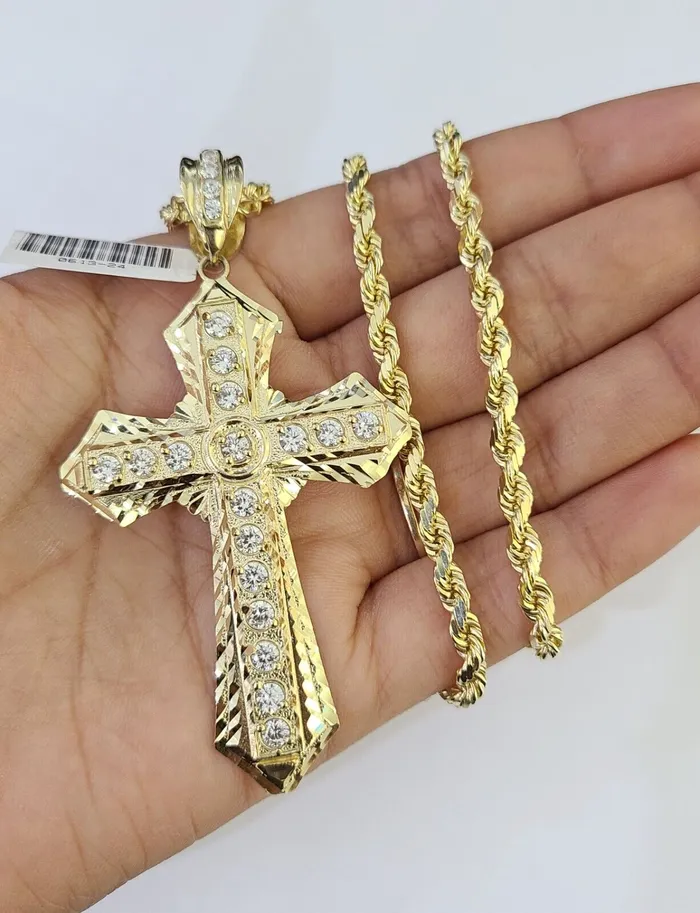 Necklaces Gold and Diamond 10k Solid Rope Chain Jesus Cross Charm Set 4mm 1828 Necklace Yellow Gold