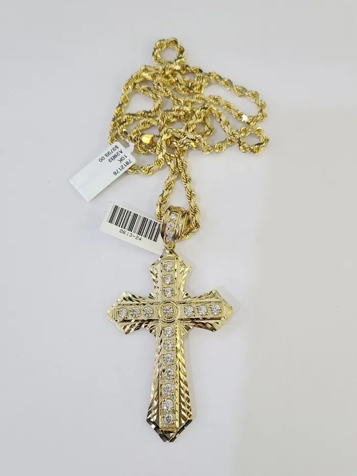 Necklaces Gold and Diamond 10k Solid Rope Chain Jesus Cross Charm Set 4mm 1828 Necklace Yellow Gold