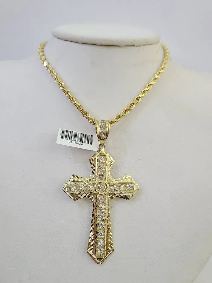 Necklaces Gold and Diamond 10k Solid Rope Chain Jesus Cross Charm Set 4mm 1828 Necklace Yellow Gold