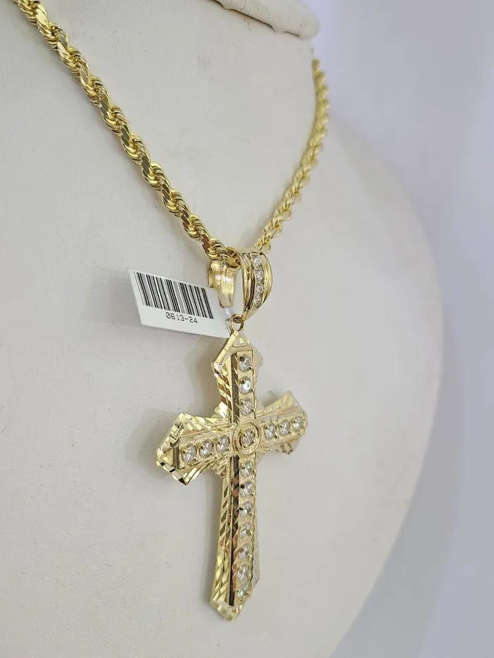 Necklaces Gold and Diamond 10k Solid Rope Chain Jesus Cross Charm Set 4mm 1828 Necklace Yellow Gold