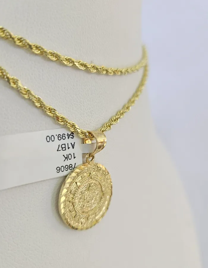 Necklaces Gold and Diamond 10k Solid Rope Chain Mayan Calendar Pendant Charm Necklace 1824 SET 2mm Necklaces Gold and Diamond 10k Solid Rope Chain Mayan Calendar Pendant Charm Necklace 1824 SET 2mm