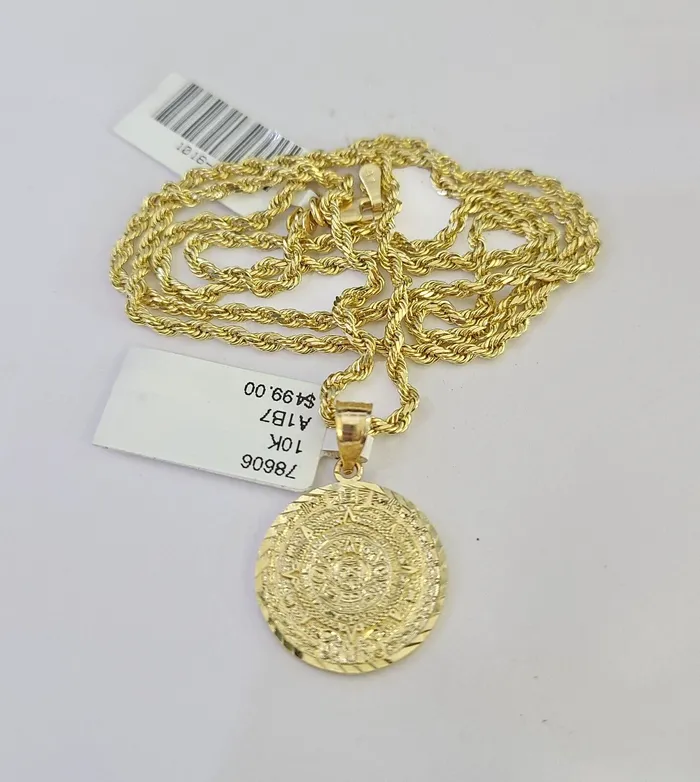 Necklaces Gold and Diamond 10k Solid Rope Chain Mayan Calendar Pendant Charm Necklace 1824 SET 2mm