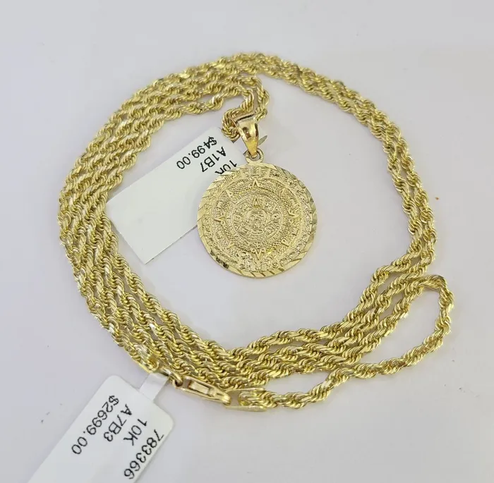 Necklaces Gold and Diamond 10k Solid Rope Chain Mayan Calendar Pendant Charm Necklace 1824 SET 2mm