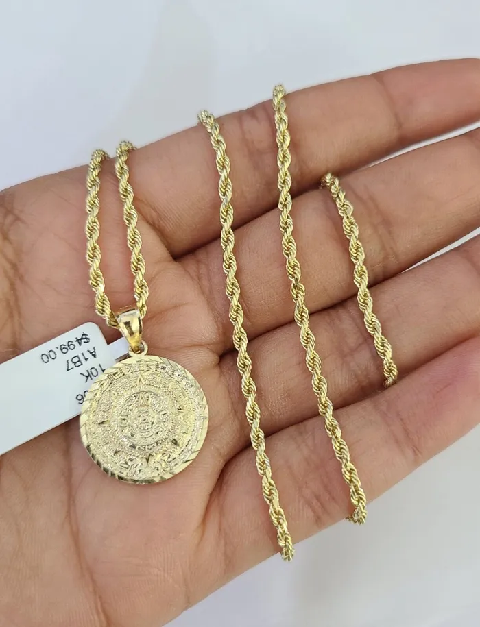 Necklaces Gold and Diamond 10k Solid Rope Chain Mayan Calendar Pendant Charm Necklace 1824 SET 2mm