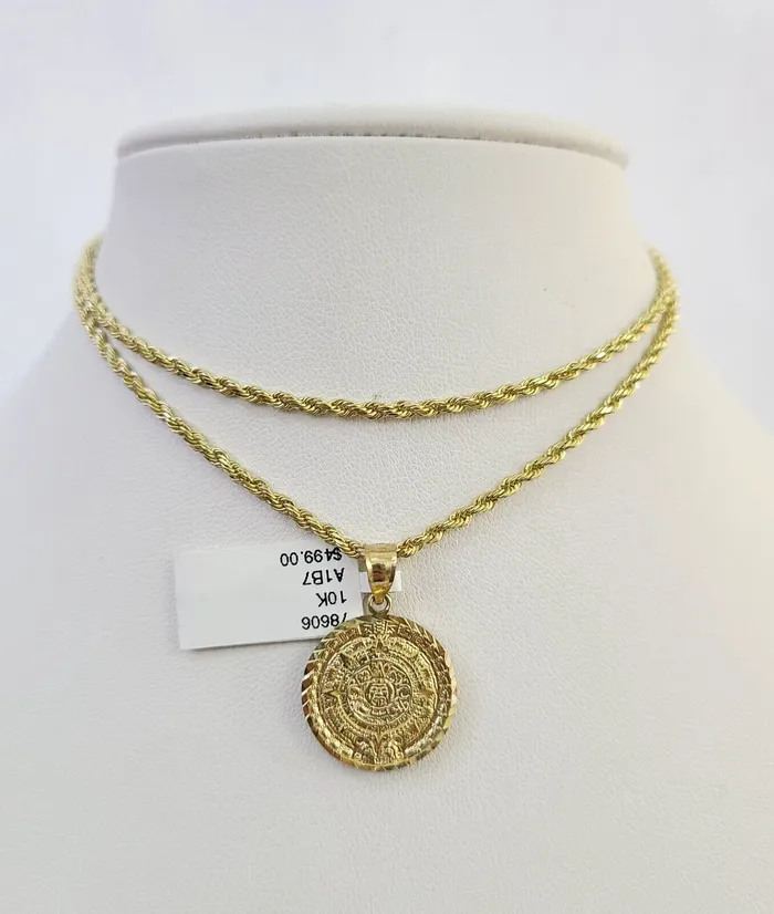 Necklaces Gold and Diamond 10k Solid Rope Chain Mayan Calendar Pendant Charm Necklace 1824 SET 2mm