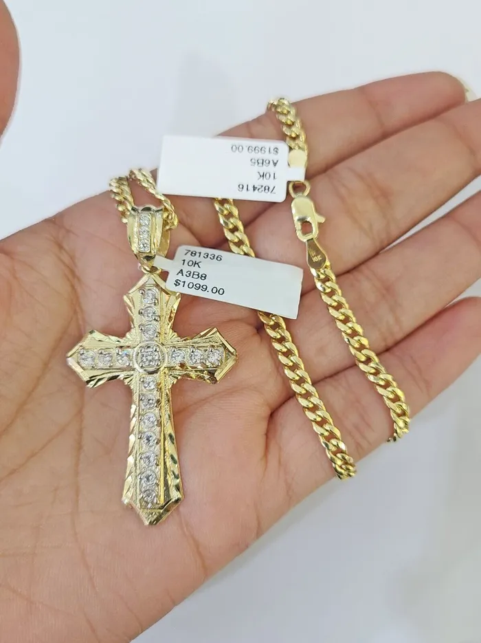 Necklaces Gold and Diamond Real 10k Yellow Gold Chain Cross Charm Pendant Set Miami Cuban Link Necklace 4mm Necklaces Gold and Diamond Real 10k Yellow Gold Chain Cross Charm Pendant Set Miami Cuban Link Necklace 4mm