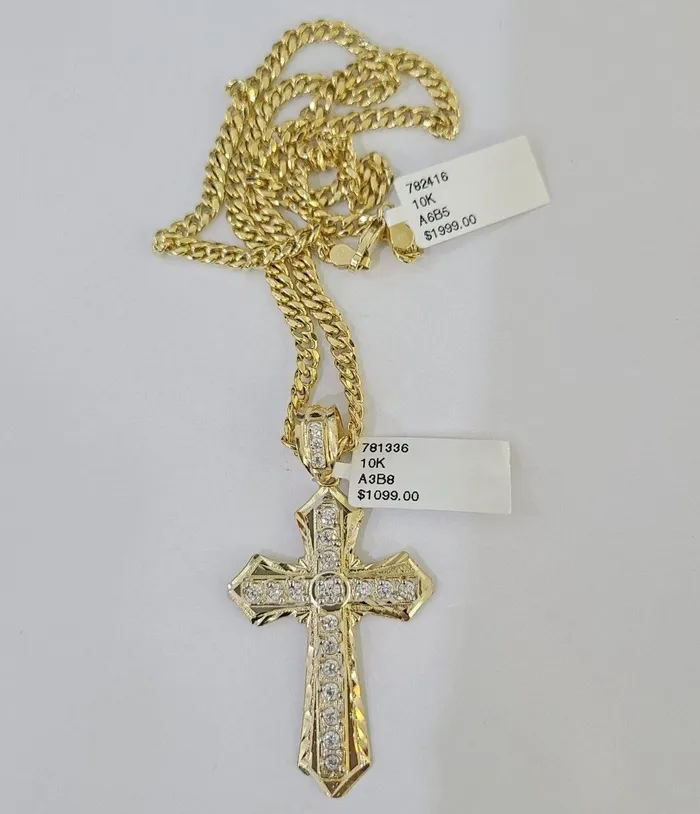 Necklaces Gold and Diamond Real 10k Yellow Gold Chain Cross Charm Pendant Set Miami Cuban Link Necklace 4mm