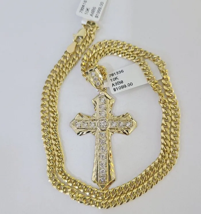 Necklaces Gold and Diamond Real 10k Yellow Gold Chain Cross Charm Pendant Set Miami Cuban Link Necklace 4mm
