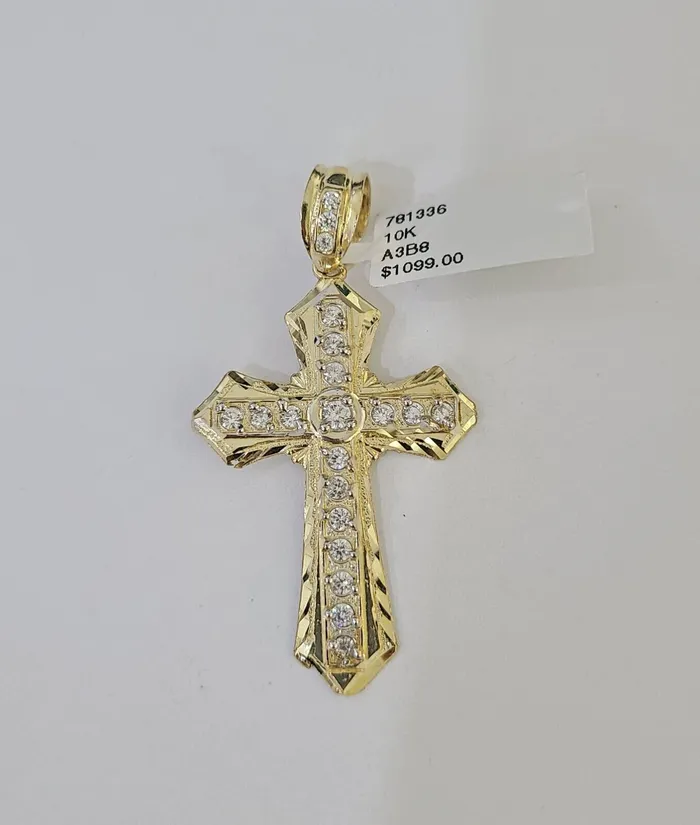 Necklaces Gold and Diamond Real 10k Yellow Gold Chain Cross Charm Pendant Set Miami Cuban Link Necklace 4mm
