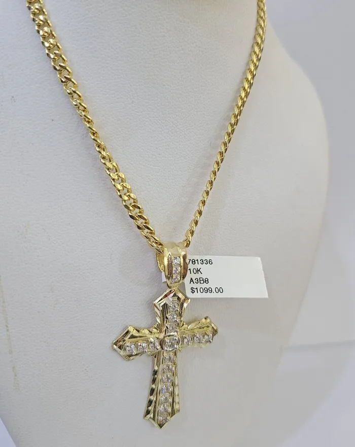 Necklaces Gold and Diamond Real 10k Yellow Gold Chain Cross Charm Pendant Set Miami Cuban Link Necklace 4mm