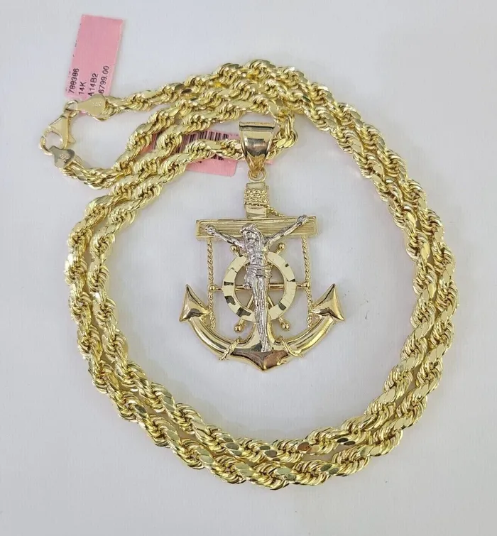Necklaces Gold and Diamond Real 14k Rope Chain Jesus Anchor Charm Set 6mm 1828 Necklace Yellow Gold Necklaces Gold and Diamond Real 14k Rope Chain Jesus Anchor Charm Set 6mm 1828 Necklace Yellow Gold