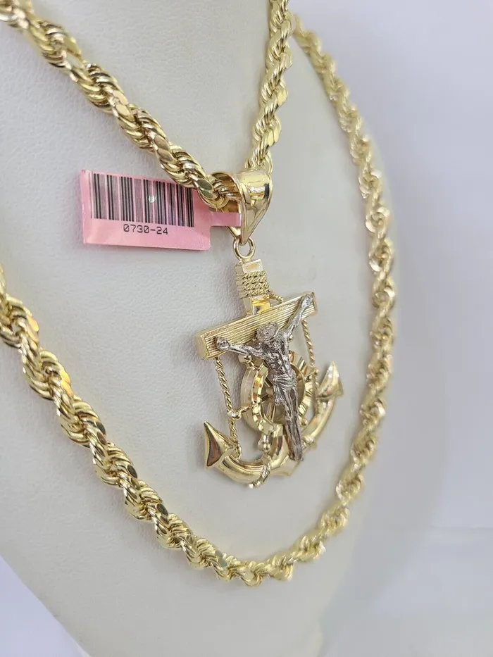 Necklaces Gold and Diamond Real 14k Rope Chain Jesus Anchor Charm Set 6mm 1828 Necklace Yellow Gold