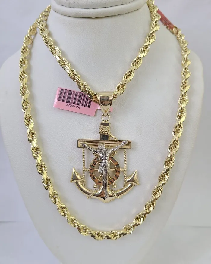 Necklaces Gold and Diamond Real 14k Rope Chain Jesus Anchor Charm Set 6mm 1828 Necklace Yellow Gold