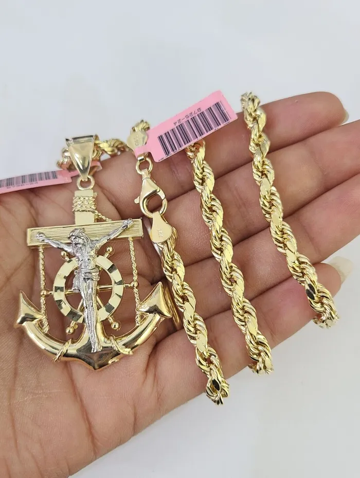 Necklaces Gold and Diamond Real 14k Rope Chain Jesus Anchor Charm Set 6mm 1828 Necklace Yellow Gold