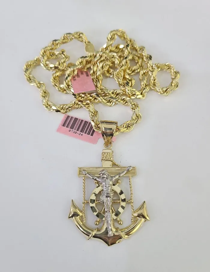 Necklaces Gold and Diamond Real 14k Rope Chain Jesus Anchor Charm Set 6mm 1828 Necklace Yellow Gold