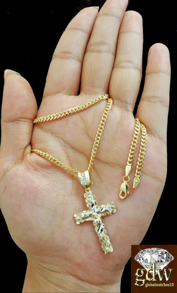 Necklaces Real 10k Yellow Gold Cross Jesus Charm Pendant Miami Cuban 20 Necklace Gold and Diamond Necklaces Real 10k Yellow Gold Cross Jesus Charm Pendant Miami Cuban 20 Necklace Gold and Diamond