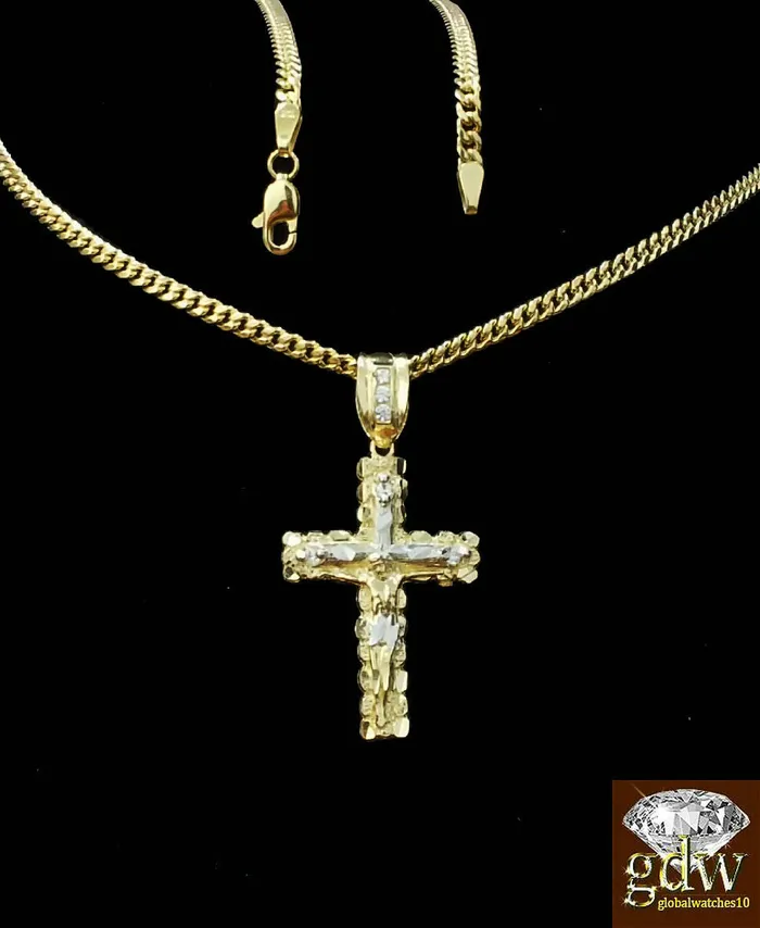 Necklaces Real 10k Yellow Gold Cross Jesus Charm Pendant Miami Cuban 20 Necklace Gold and Diamond