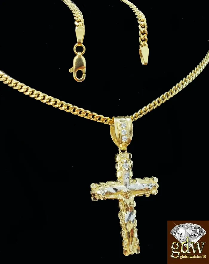 Necklaces Real 10k Yellow Gold Cross Jesus Charm Pendant Miami Cuban 20 Necklace Gold and Diamond