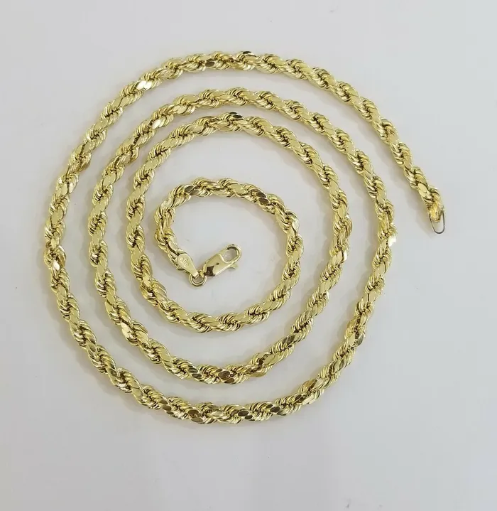 Necklaces REAL 10K Yellow Gold Rope Chain Necklace Diamond Cuts 4mm 22 Men Women 10kt Gold and Diamond