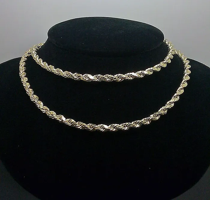 Necklaces REAL 10K Yellow Gold Rope Chain Necklace Diamond Cuts 4mm 22 Men Women 10kt Gold and Diamond