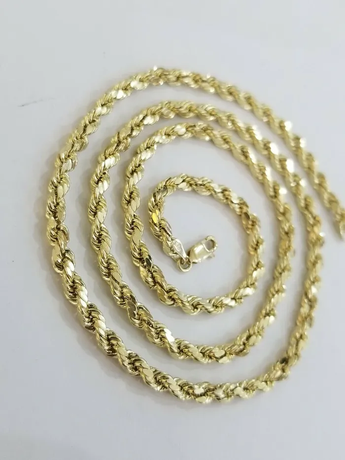 Necklaces REAL 10K Yellow Gold Rope Chain Necklace Diamond Cuts 4mm 22 Men Women 10kt Gold and Diamond