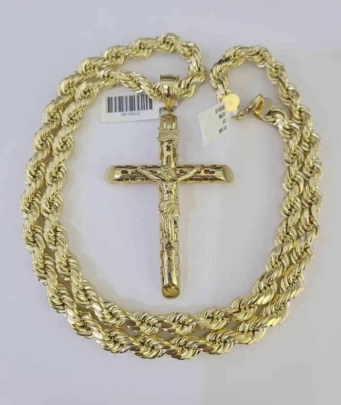 Real 10k Rope Chain Jesus Cross Charm Set 8mm 2030 Inch Necklace Yellow Gold Globalwatches10 Necklaces Real 10k Rope Chain Jesus Cross Charm Set 8mm 2030 Inch Necklace Yellow Gold Globalwatches10 Necklaces