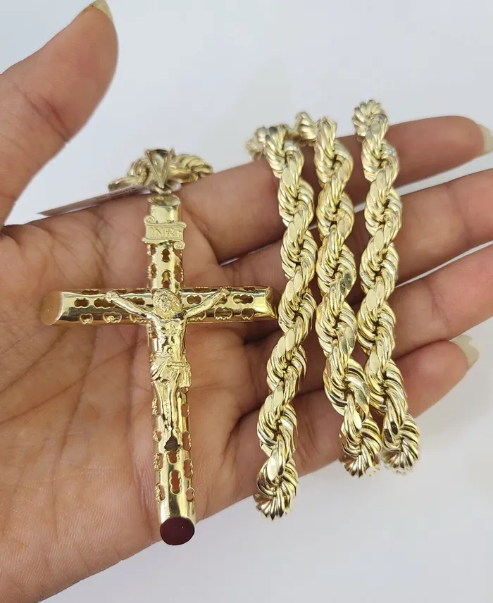 Real 10k Rope Chain Jesus Cross Charm Set 8mm 2030 Inch Necklace Yellow Gold Globalwatches10 Necklaces