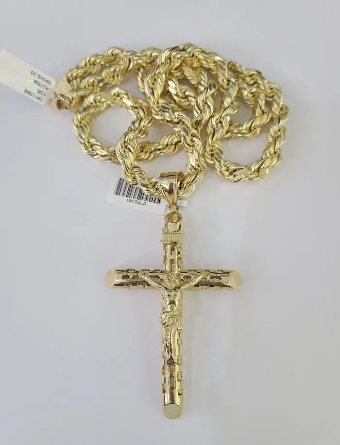 Real 10k Rope Chain Jesus Cross Charm Set 8mm 2030 Inch Necklace Yellow Gold Globalwatches10 Necklaces