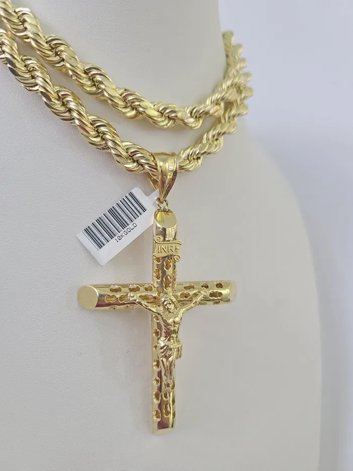 Real 10k Rope Chain Jesus Cross Charm Set 8mm 2030 Inch Necklace Yellow Gold Globalwatches10 Necklaces